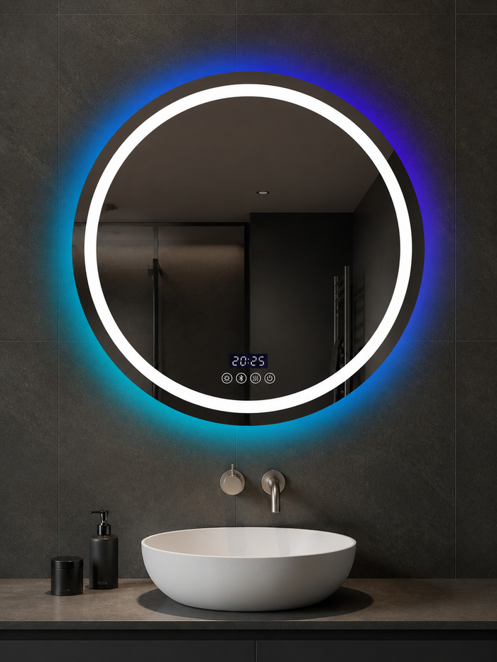 Runder LED-Badspiegel 80 cm mit weißem Frontlicht und blauem RGB-Halo