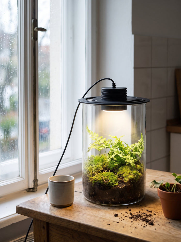 Terrarium-Pflanzenlampe auf einem Glaszylinder mit Moos und Farn am Fenster