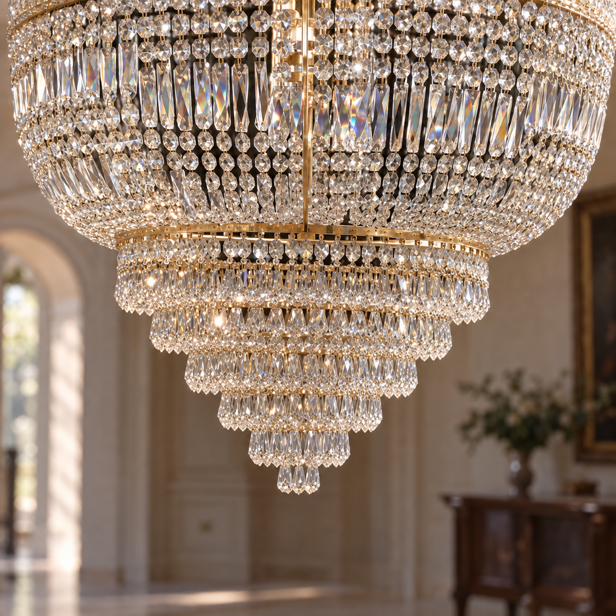 Kristall-Kronleuchter im Empire-Stil – Rahmen Gold / Breite 85 cm, Höhe 127 cm. Kristallkorb und sechs absteigende Stufen im Wohnkontext. KI-Produktvisualisierung.