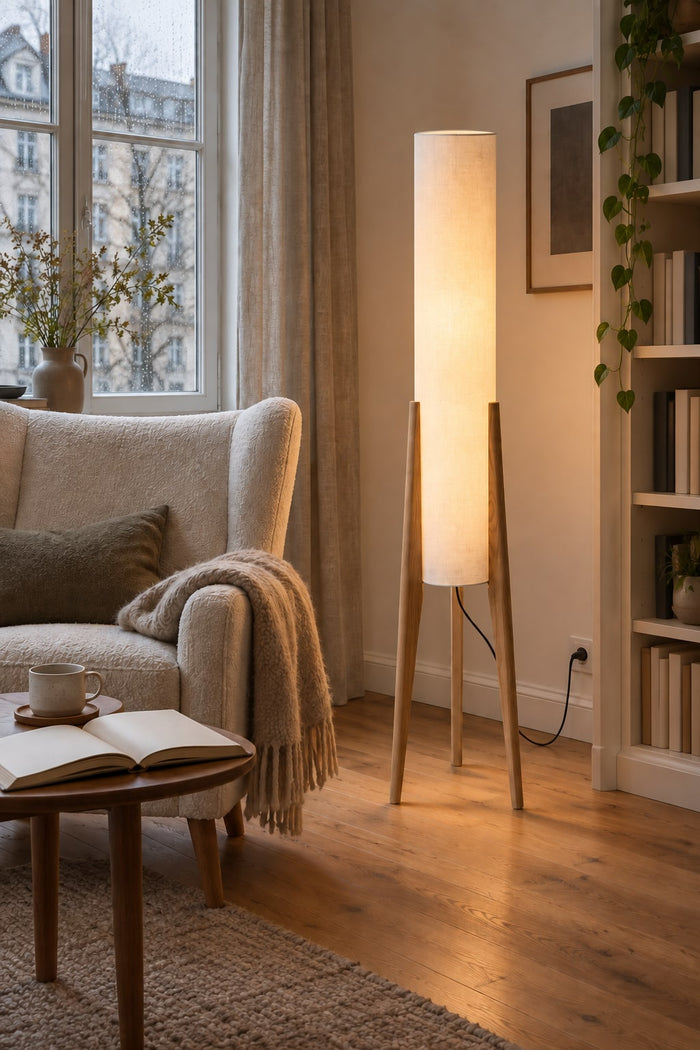 Lichtsäule aus Naturholz und Stoff als Leselampe neben einem Ohrensessel